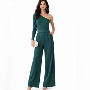 Susana Monaco Teal One-Shoulder Belted Wide Leg Jumpsuit Size Medium 🧡🍄